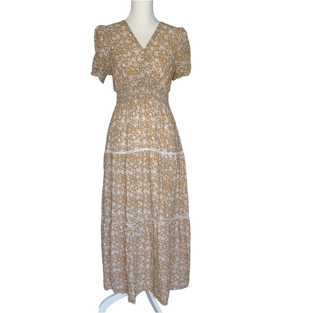 Pink Lily Floral Smocked Maxi Dress S Mustard Open Back Boho Cottage Prarie READ